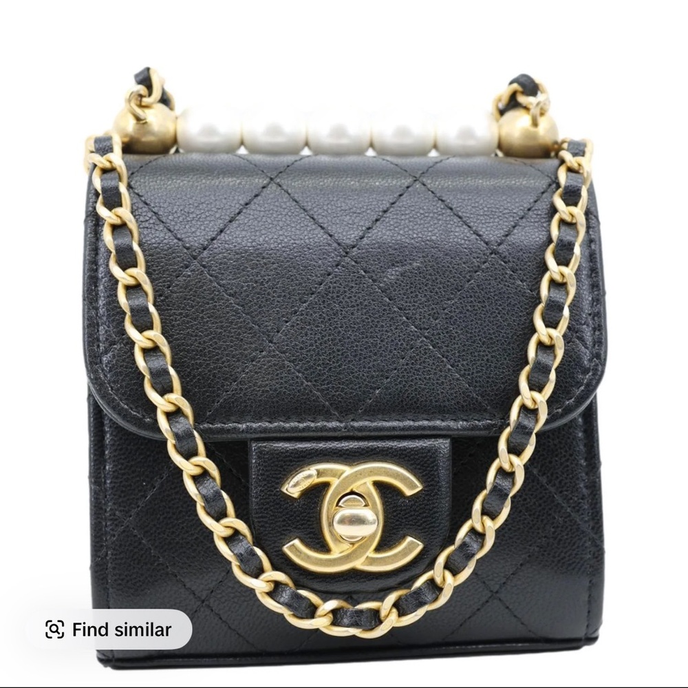 CHANEL Black Quilted Mini Shoulder Bag with Pearl Handle and Gold Hardware